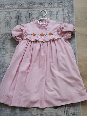 Smockingbird Girls Pink Ruffle Embroidered Pumpkin Dress Sz6